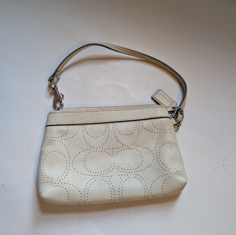 Coach perforated logo leather wristlet in a off-white color in VGUC - Picture 5 of 16